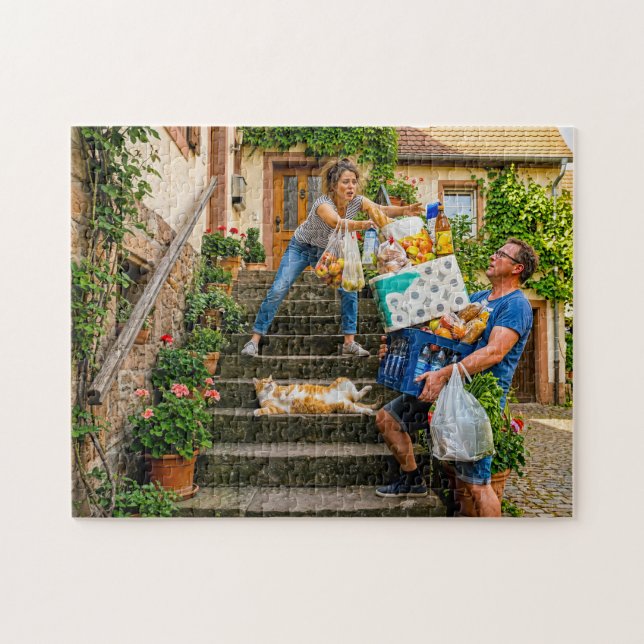 Cat Blocks Staircase During Groceries Jigsaw Puzzle (Horizontal)