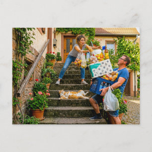Cat Blocks Staircase During Groceries Postcard