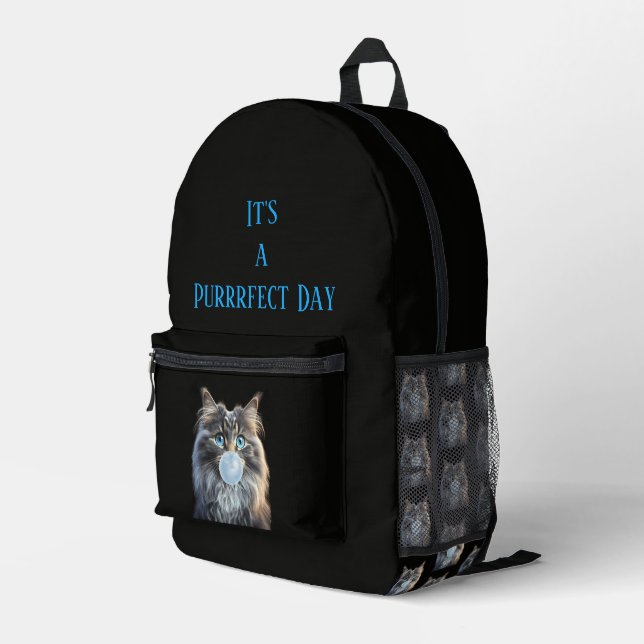 Cat blowing blue gum "It's a Purrrfect Day" Printed Backpack (Back Corner Right)