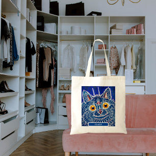 Cat blue custom name artistic kaleidoscope cute tote bag