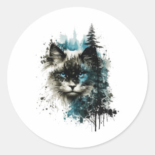 Cat Blue Eyes Cat Motif Art Forest Animal Cat Classic Round Sticker