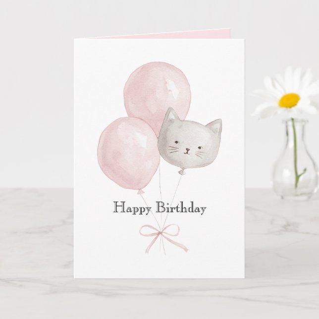 Cat Blush Pink Balloons Birthday Card (Small Plant)