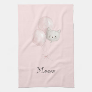 Cat Blush Pink Balloons   Tea Towel