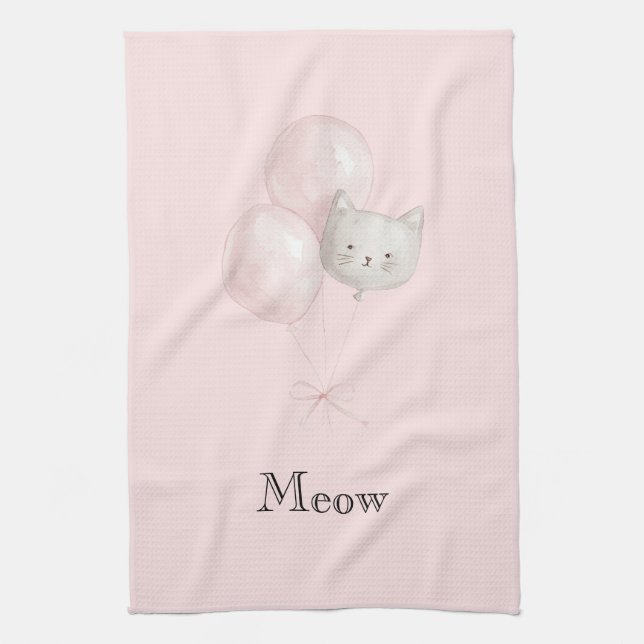 Cat Blush Pink Balloons   Tea Towel (Vertical)