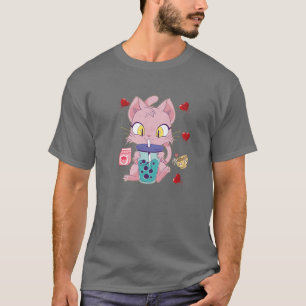 Cat Boba Bubble Tea T Anime Kawaii Neko Strawberry T-Shirt