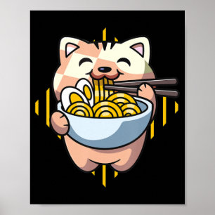 cat boba eat ramen anime kawaii neko cat drinking  poster