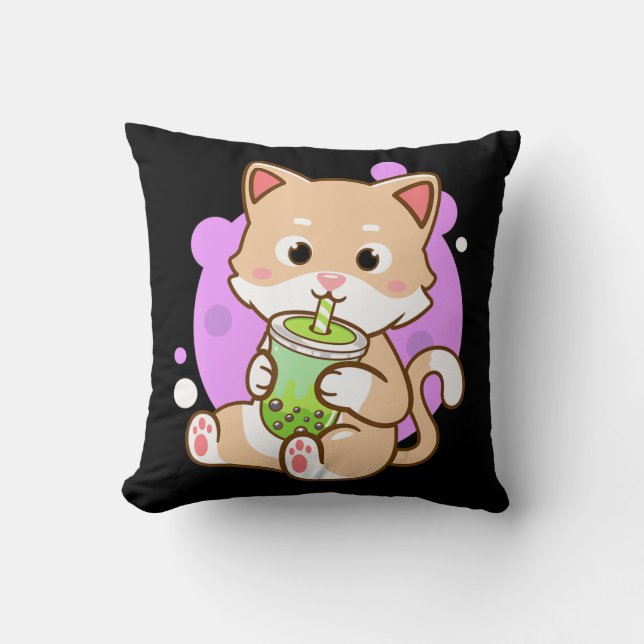 Cat Boba Kawaii Bubble Tea Anime Neko Girls Teenag Cushion (Front)