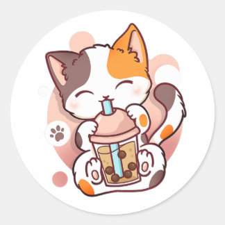 Cat Boba Tea Bubble Tea Anime Kawaii Neko for Girl Classic Round Sticker