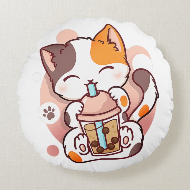Cat Boba Tea Bubble Tea Anime Kawaii Neko for Girl Round Cushion (Front)