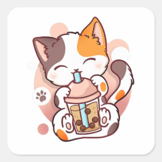 Cat Boba Tea Bubble Tea Anime Kawaii Neko for Girl Square Sticker