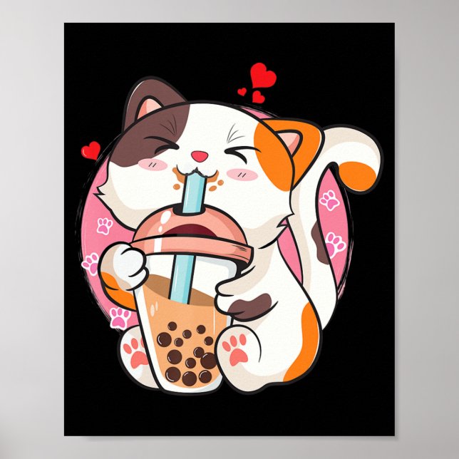 Cat Boba Tea Bubble Tea Anime Kawaii Neko Kids Tee Poster (Front)