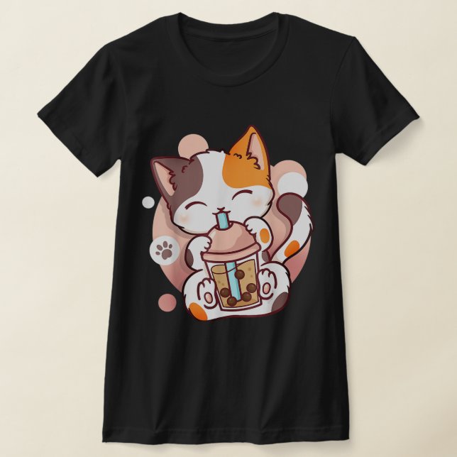 Cat Boba Tea Bubble Tea Anime Kawaii Neko  T-Shirt (Laydown)
