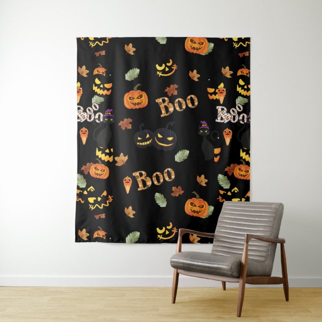 Cat Boo Halloween Tapestry (In Situ)