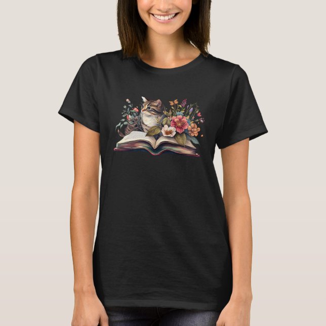 Cat Book  for Women Cat Flower Book  Cat and Book T-Shirt (Front)