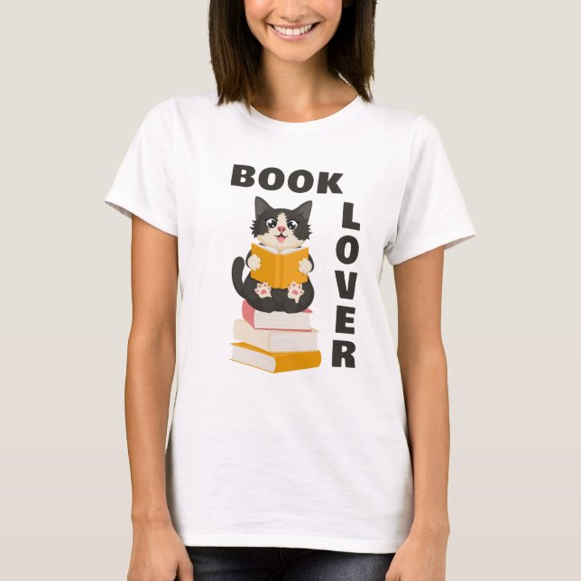 Cat Book Lover Back to School Cute Cartoon T-Shirt (Front)