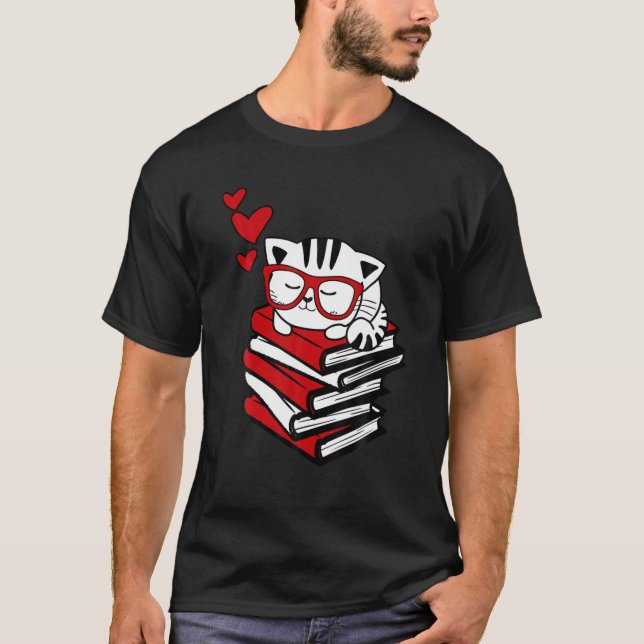 Cat Book Nerd Reader Cute Geek Glasses Funny T-Shirt (Front)