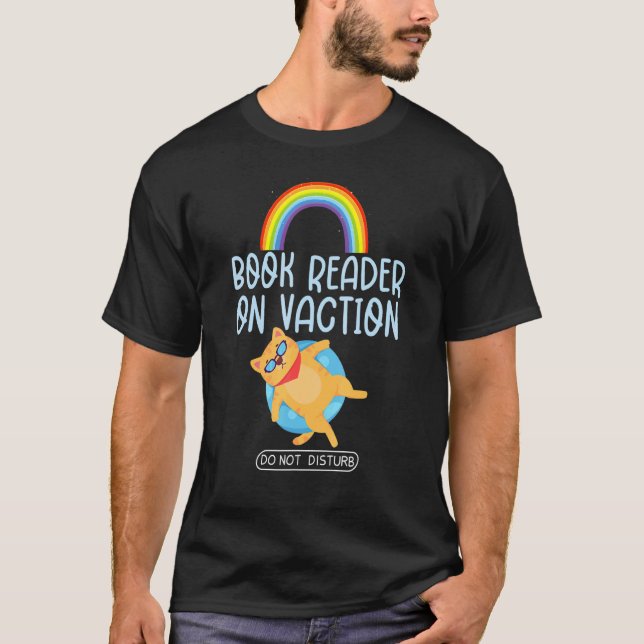 Cat Book Reader On Vacation Book & Cat  Rainbow T-Shirt (Front)