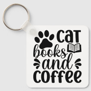 "Cat Books and Coffee" Cute Typography Key Ring
