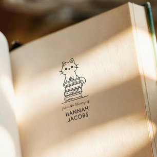 Cat & Books Modern Cute From the Library of Book Rubber Stamp