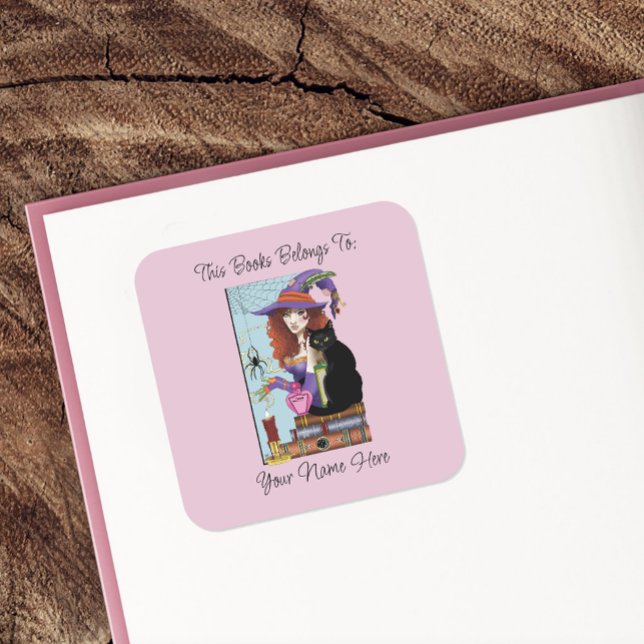 Cat Books Witch Potions Bookplate Square Sticker (Creator Uploaded)