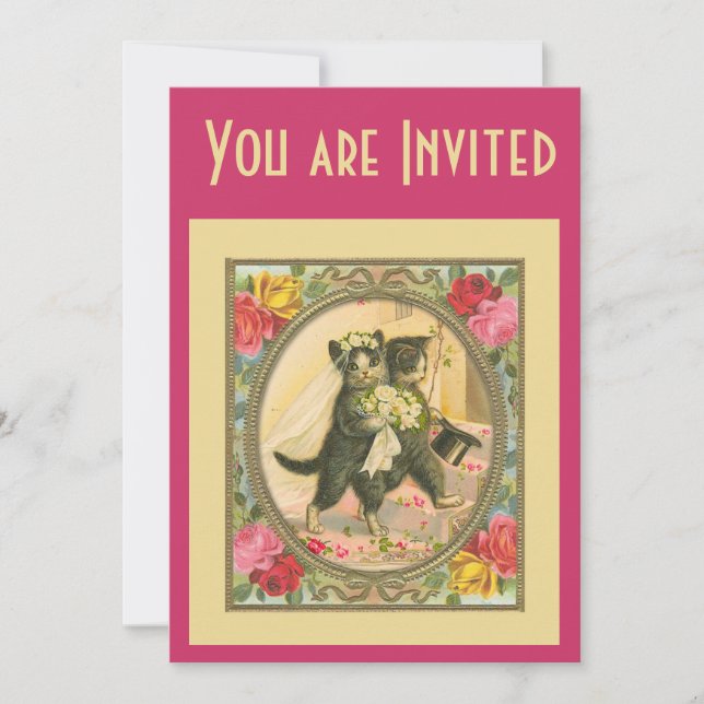 Cat Bride and Groom Wedding Invitation pink yellow (Front)