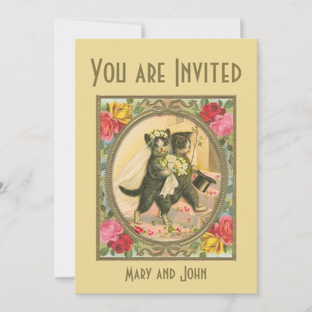Cat Bride and Groom yellow wedding invitation (Front)