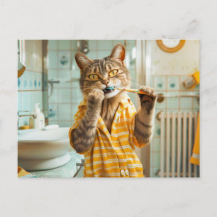 Cat brushing teeth in striped pyjamas bathroom holiday postcard