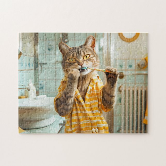 Cat brushing teeth in striped pyjamas bathroom jigsaw puzzle (Horizontal)