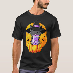 Cat Bubble Tea and Witch Hat Pumpkin Halloween Cos T-Shirt