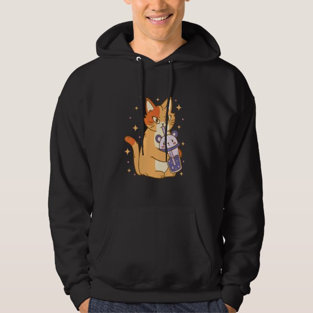 Cat Bubble Tea Cool Retro Fun Weird Bizarre Art Hoodie (Front)