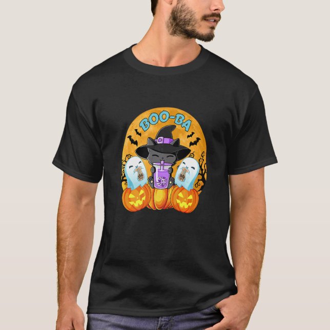 Cat Bubble Tea Ghost Pumpkin Halloween Costume boy T-Shirt (Front)