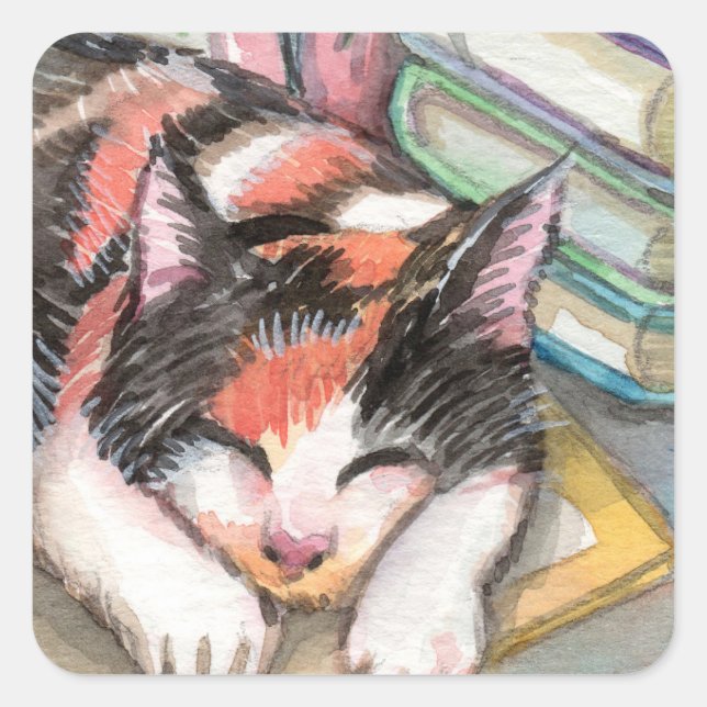 Cat by the Books Square Sticker (Front)