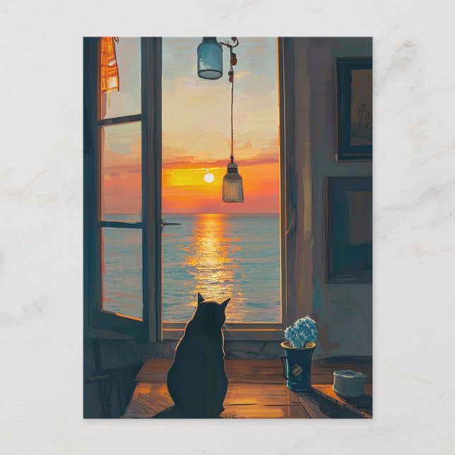 CAT BY WINDOW OCEAN SUNSET ART POSTCARDS (Front)