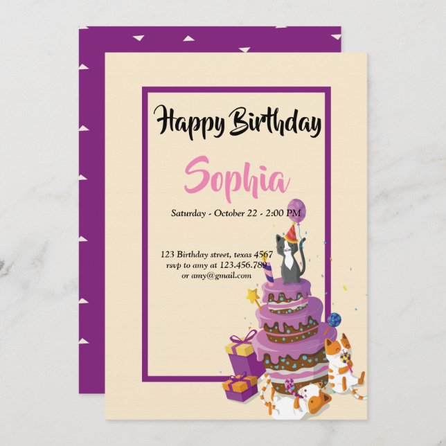 cat cake purple  birthday card (Front/Back)