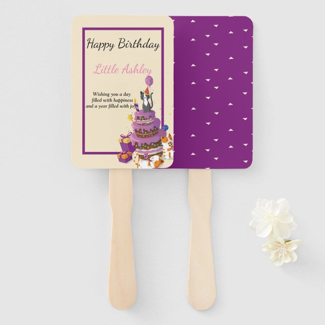 cat cake purple  birthday hand fan (Front and Back)