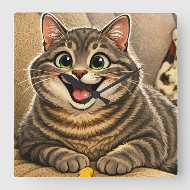 Cat caricature square wall clock (Front)