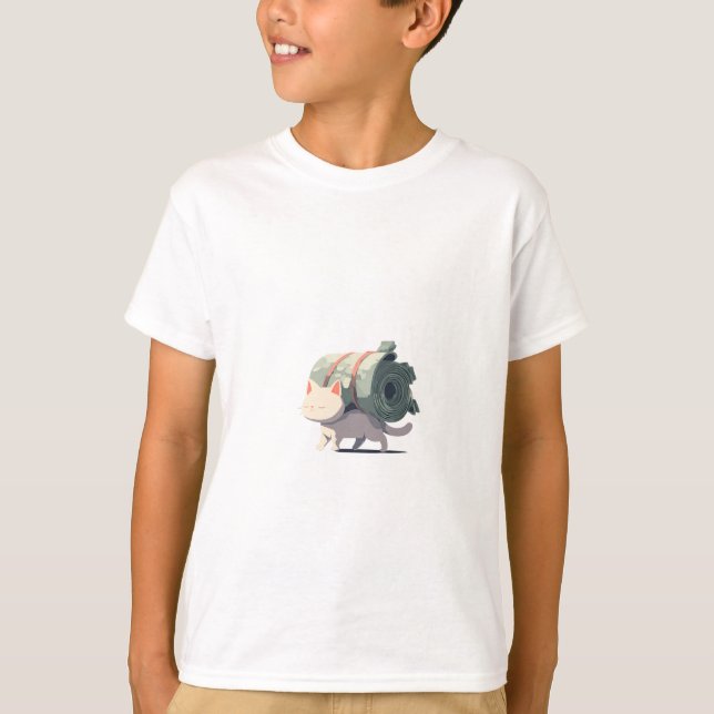 Cat Carrying Bedroll Adventure Kids T-Shirt (Front)