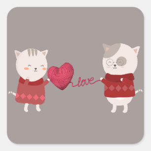 Cat Cartoon Couple Square Sticker