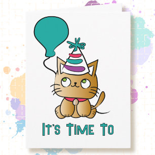 Cat Cartoon Cute Funny Time to Pawty Birthday Card