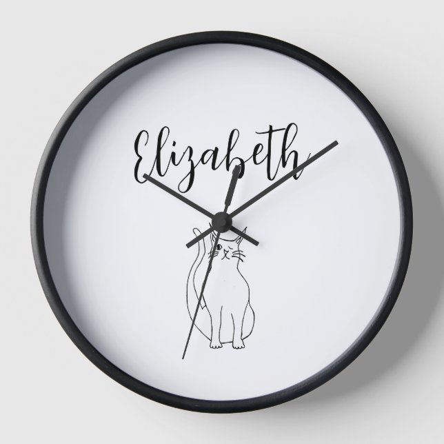 Cat Cartoon Drawing Black White Winking Kitty  Clock (Front)