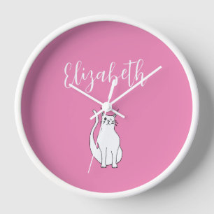 Cat Cartoon Drawing Winking Kitty Pink Clock