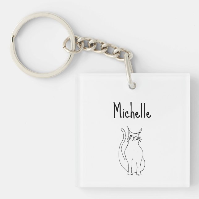 Cat Cartoon Winking Kitty Cute Girly Key Ring (Front)