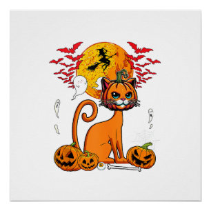 Cat Carved Pumpkin Horror Head Halloween Owner Lov Poster