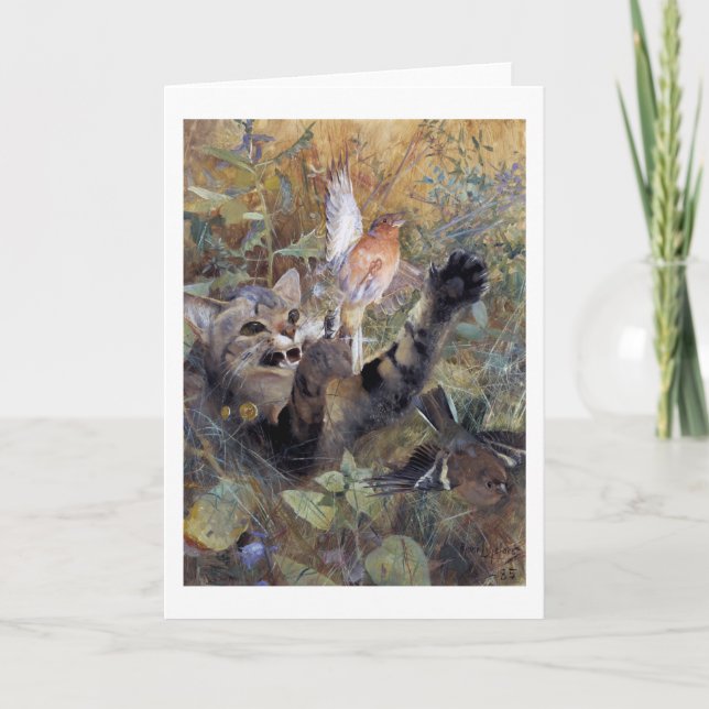 Cat Catching a Bird, Bruno Liljefors Card (Front)