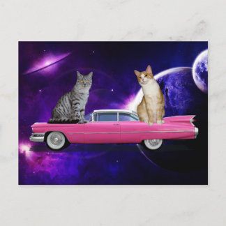 CAT CATS IN SPACE ON A PINK CADDY POSTCARD