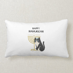 cat celebrating hanukkah and playing with a dreide lumbar cushion