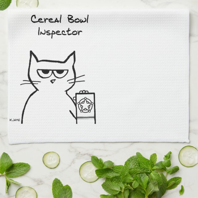 Cat, Cereal Bowl Inspector - Funny Kitchen Towel (Folded)