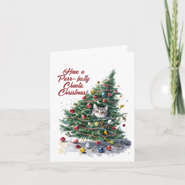 Cat Chaos Christmas Tree Design Watercolor Holiday Card (Front)