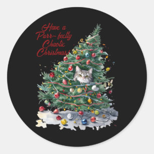 Cat Chaos Christmas Tree Design Watercolor T Shirt Classic Round Sticker