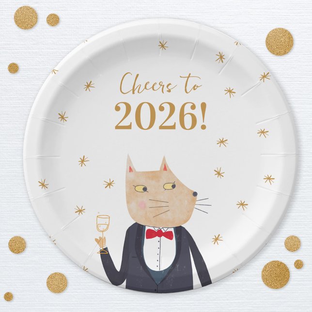 Cat Cheers to 2026 New Year Paper Plate (Fun Cat in a Tuxedo and Bow Tie New Year 2026 party paper plates)